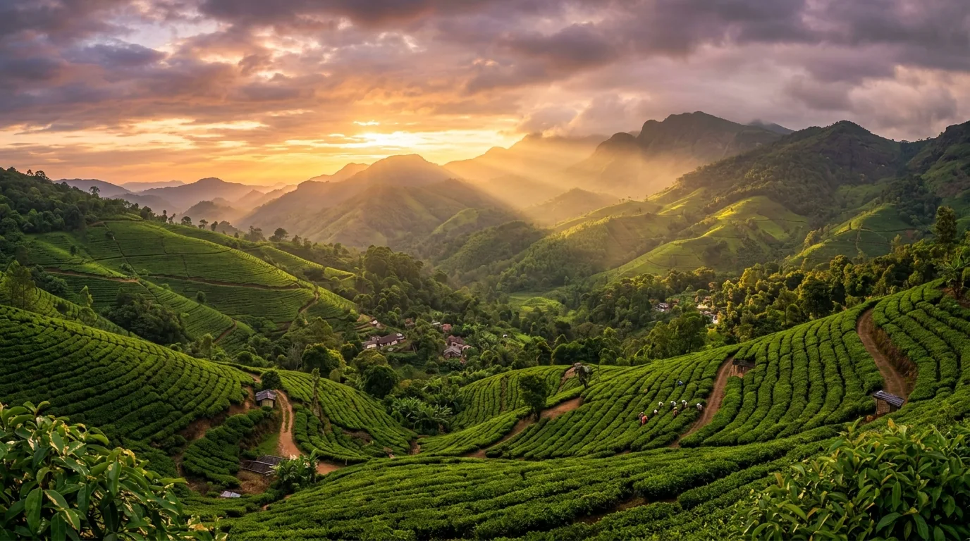 Sri Lankan cinnamon hills at golden hour