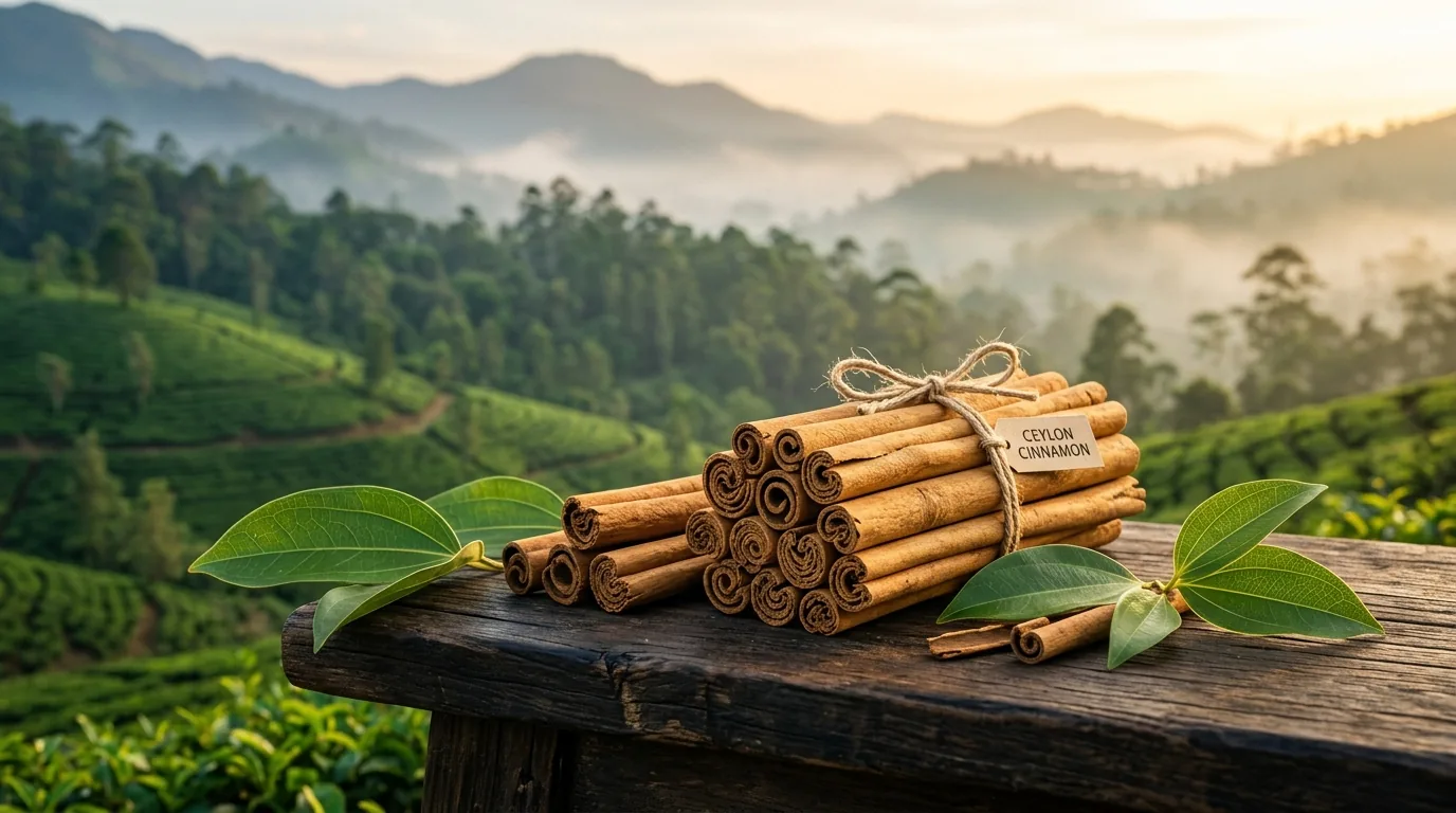 Authentic Ceylon Cinnamon quills with misty Sri Lankan plantation background
